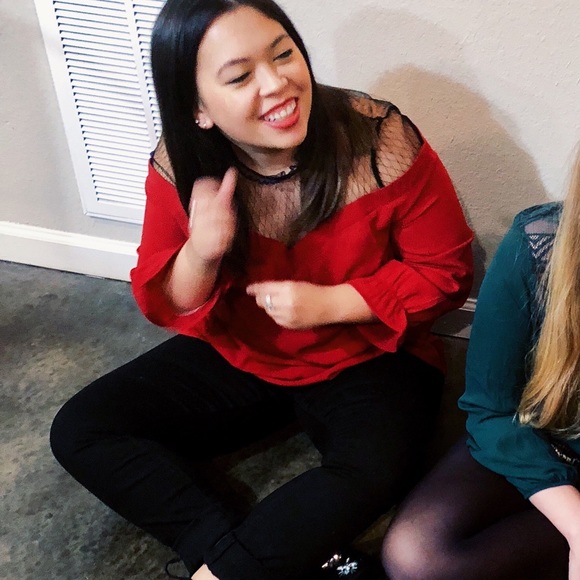 Illusion Off Shoulder Red and Black Lace Balloon Long Sleeve Top - Picture 1 of 4